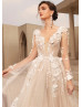 Long Sleeves Beaded Floral 3D Lace Tulle Wedding Dress